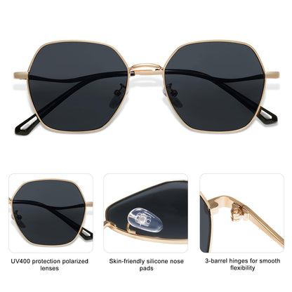 SOJOS Retro Hexagon Square Polarized Sunglasses for Women Men Vintage Hexagonal Polygon Shades SJ1101, Gold Frame/Grey Lens