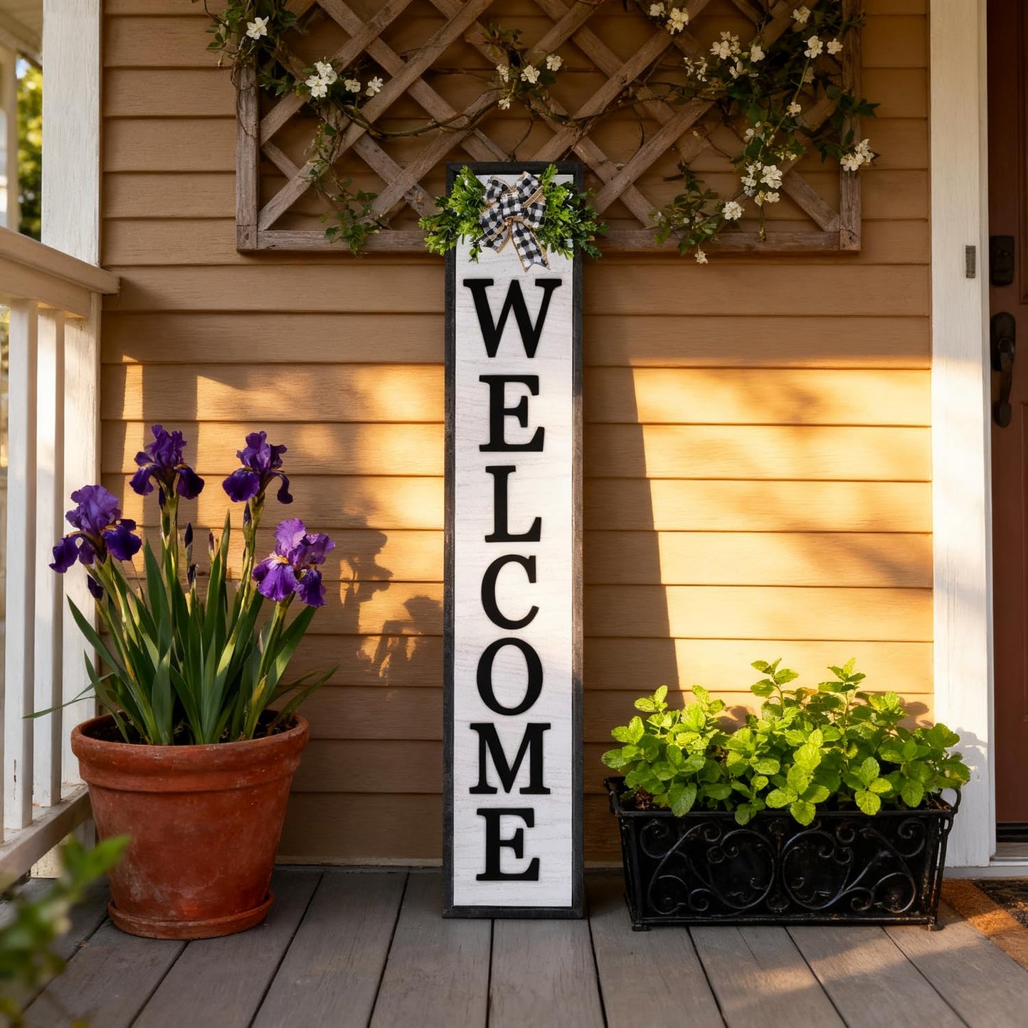 3D Outdoor Welcome Sign for Front Porch Standing 45"X9" Large Rustic Farmhouse Leaner Tall Vertical Soild Wooden Framed Plaque Modren Beautiful Outside Home Front Door Decorations (Black)