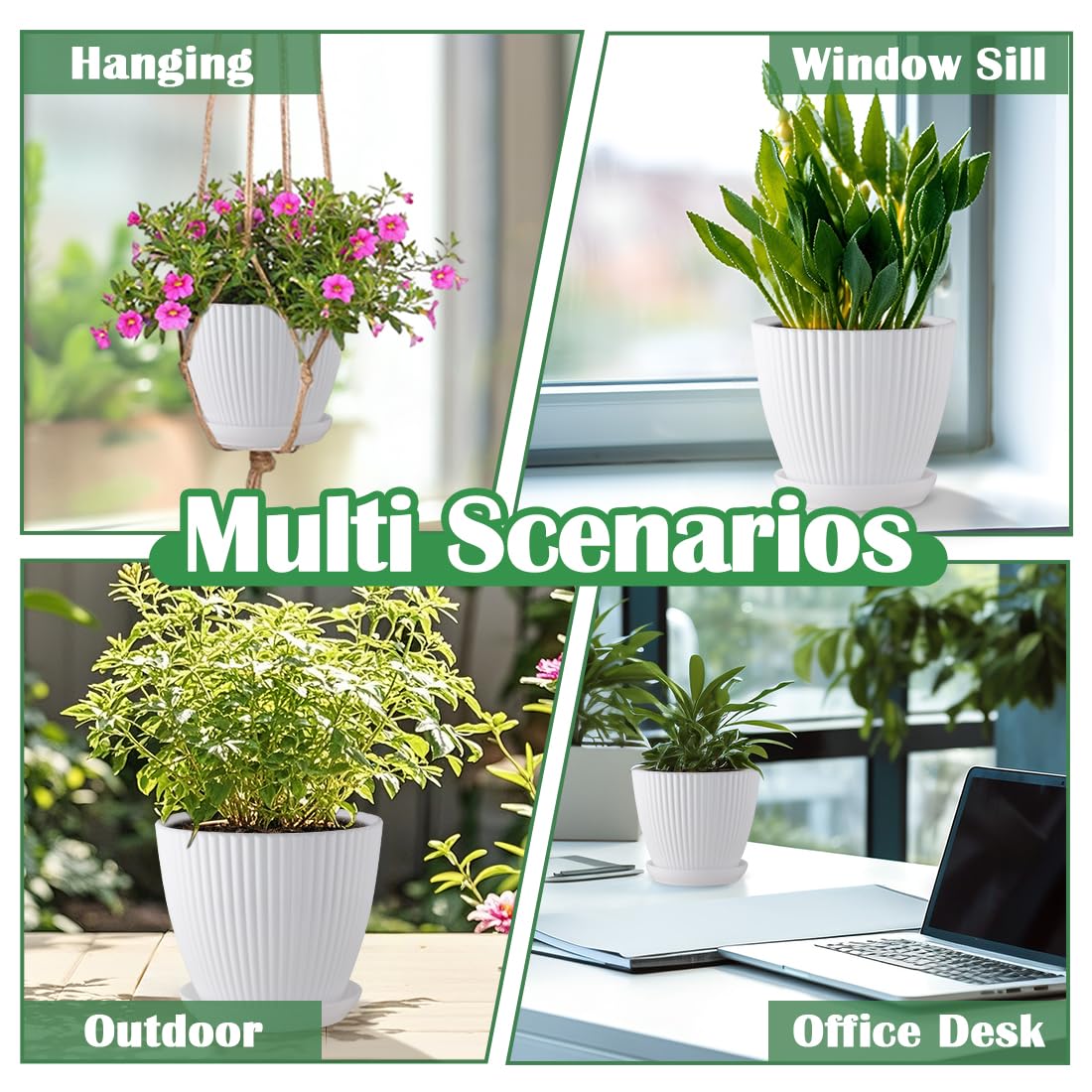 RooTrimmer 7.5/6.5/5.5/4.9/4.2/3.5 Inch Plant Pots with Drainage Holes and Saucer, Plastic Flower Pots for Indoor Plants, Lightweight Planter Pots for Plants, White