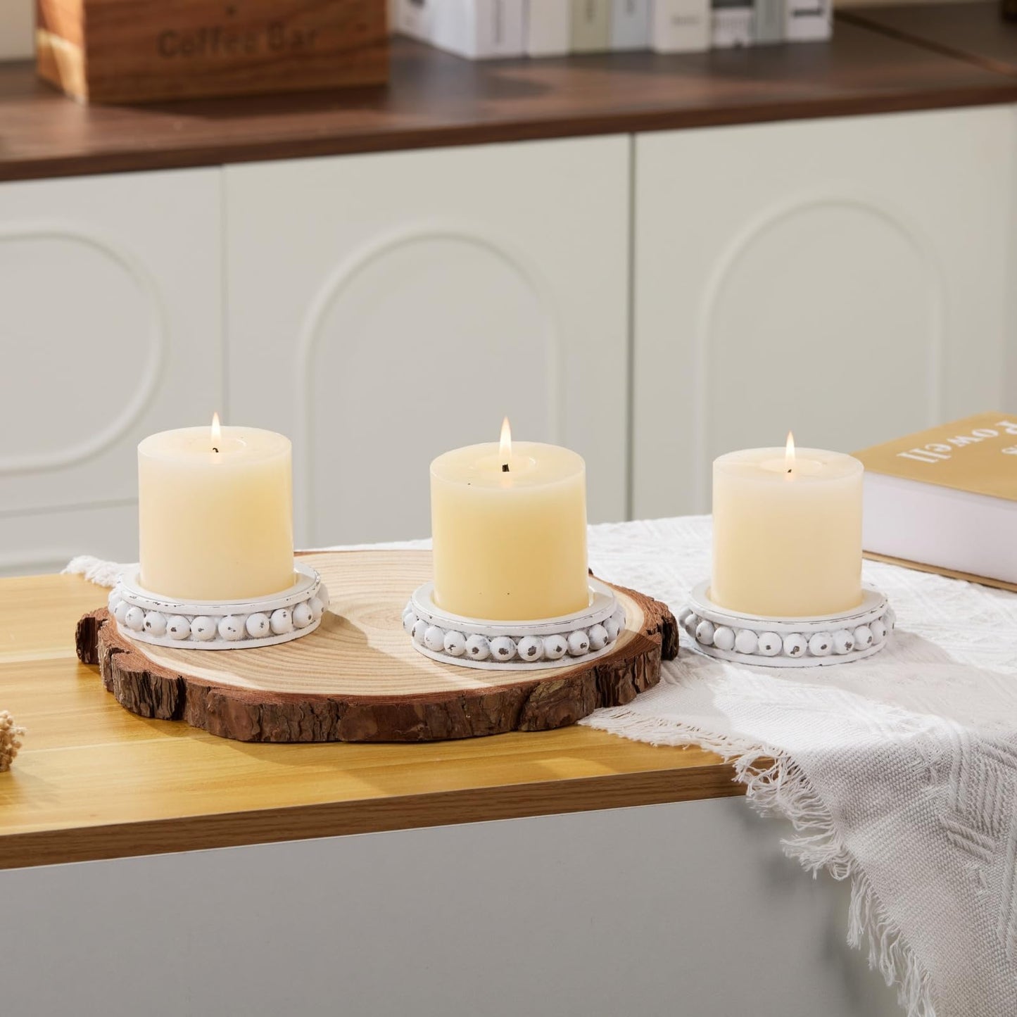 THORNIA Wooden Candle Holders for Pillar Candles, Set of 3 Wood Beaded Plate with Metal Cup Inserts, 4 Inch Rustic Farmhouse Tray Stand for Fireplace Mantel, Table Centerpiece Decor - White