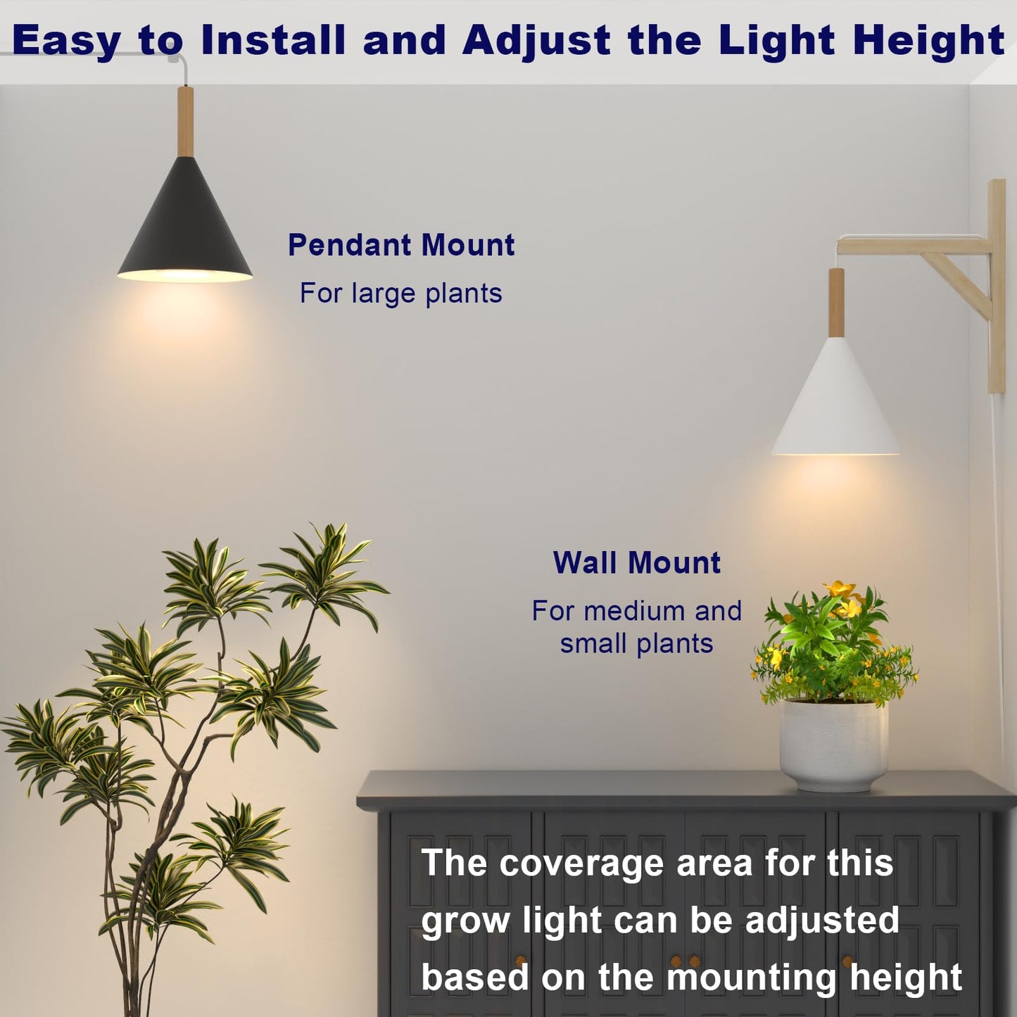 Hanging Grow Light with Timer, 20W Full Spectrum Plant Lamp for Indoor Plants, 14.5 ft Power Cord, Adjustable Height, Wall-Mounted Growing Light for Large Tall Plants, Succulents and Flowers (White)