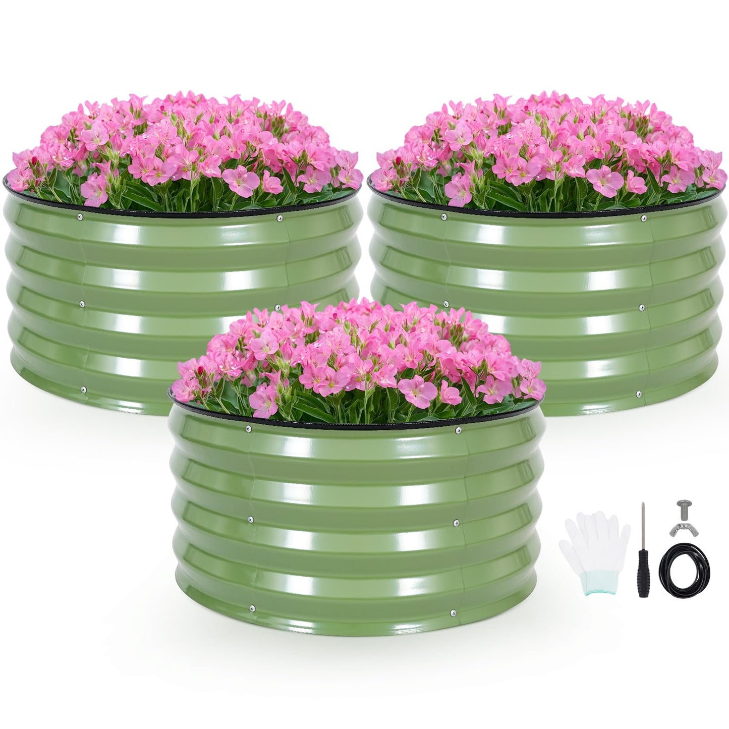 INNO STAGE 3 Pcs Round Galvanized Raised Garden Bed — 2×2×1ft Planter Box Outdoor Raised Beds Kit for Gardening Vegetables, Fruits, Herbs, and Flowers, Olive Green
