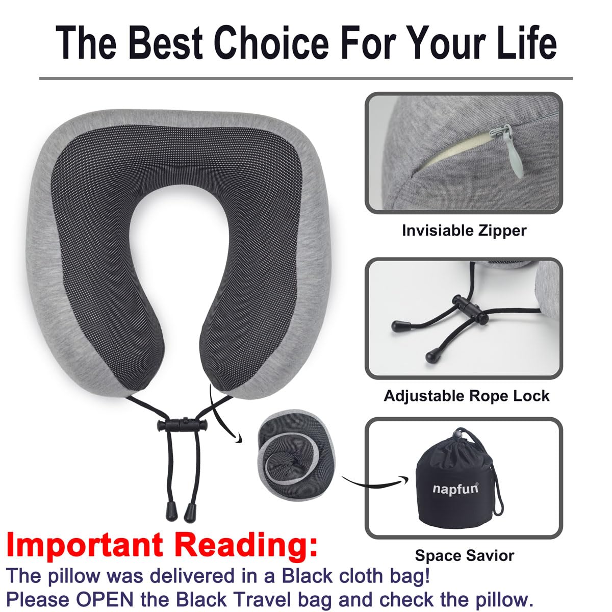 napfun Neck Pillow for Traveling, Upgraded Travel Neck Pillow for Airplane 100% Pure Memory Foam Travel Pillow for Flight Headrest Sleep, Portable Plane Accessories, Light Grey