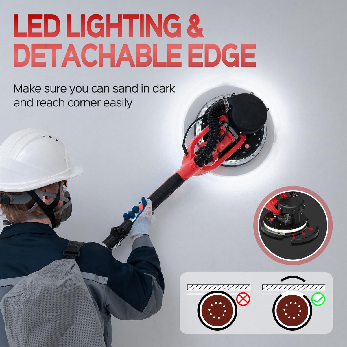 Drywall Sander, 2025 Upgraded 8-Amp Popcorn Ceiling Removal Tool with 7 Variable Speed 800-1800RPM, Drywall Sander with Vacuum Dust Collector with Extendable Handle, LED Light, 12pcs Sanding Discs,Red