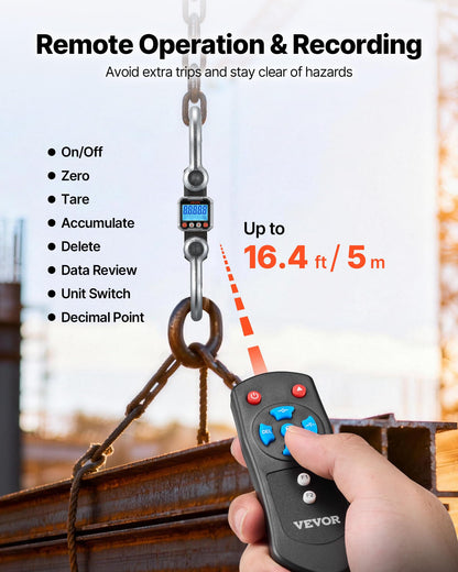 VEVOR Digital Crane Scale, 22000 lbs/10 T Max Capacity, Heavy Duty Industrial Hanging Scale with Cast Aluminum Case & LCD Display, 5 lbs Division & 3 Unit Switch, Remote Control for Garage Factory