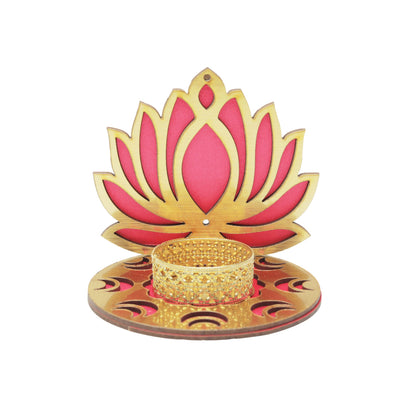 Set of 2 Decorative MDF Wooden Pink Golden Lotus T Light Holder Candle Stand Tealight Holder Indian Traditional Festival Diwali Decorations Lighting Accessories (Without Wax)(Size:-4" Inches) (Pink-1)