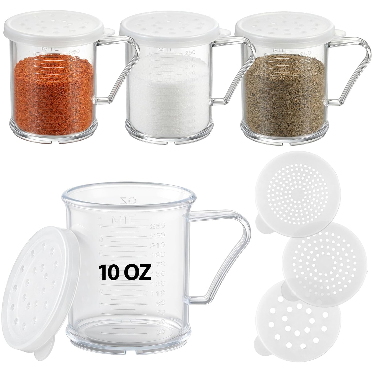 Domensi 4 Pcs Salt Pepper Dredge Shakers Powdered Sugar Shaker Duster with Handle Seasoning Spice Shakers for Lunch Box Restaurant Travel Camping BBQ Picnic Home(10oz with Handle,Plastic)