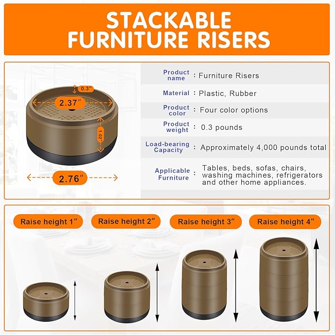 Furniture Risers Bed Risers Heavy Duty 1 inch, 2 inch, 3 inch, 4 inch Round