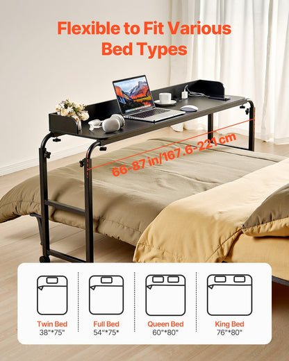 VEVOR Overbed Table, Mobile Bed Side Table with 4 Wheels (2 with Brakes) and Power Socket, Height Adjustable Rolling Laptop Desk, Portable Particleboard Over Bed Desk for Home, Office, Study, Black