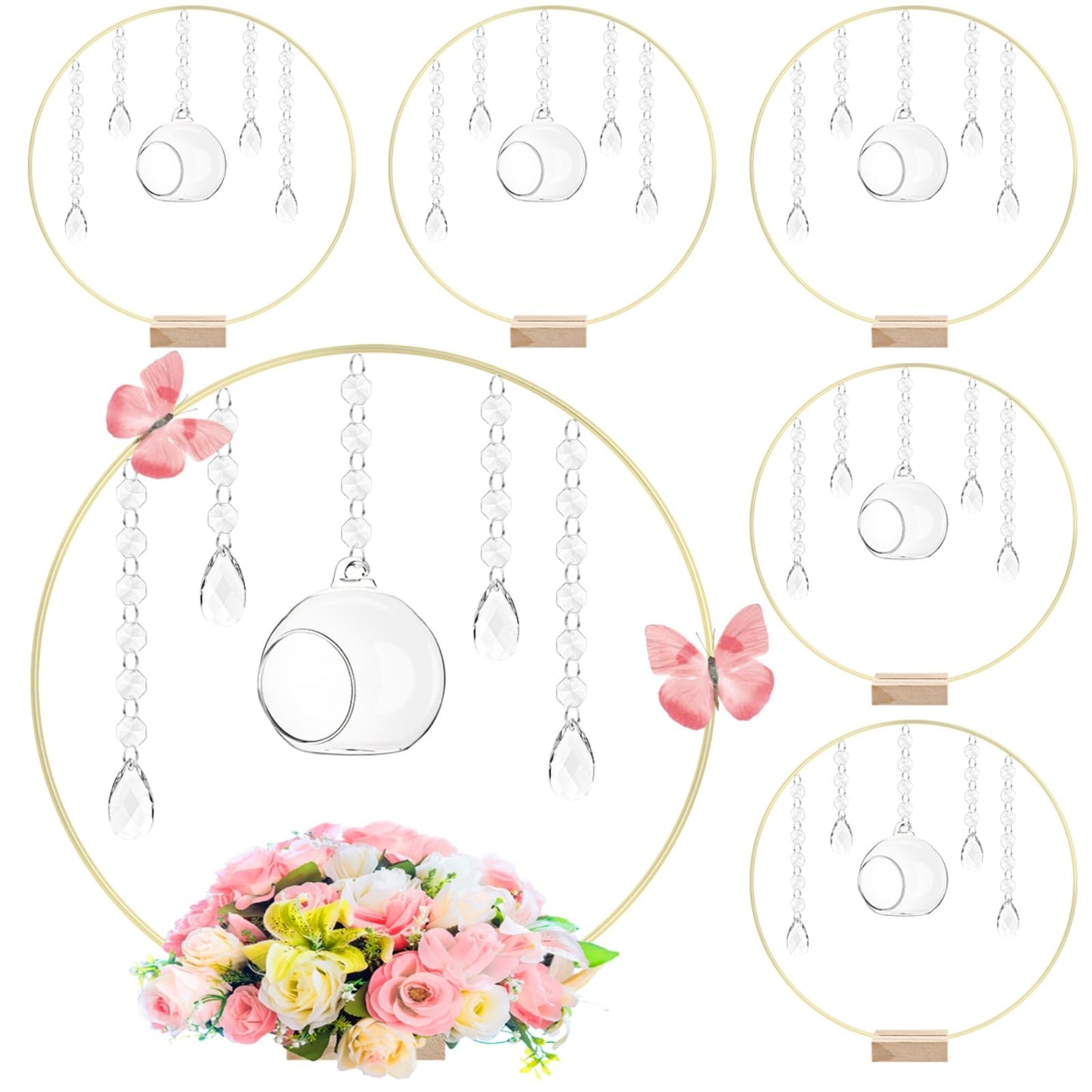 Leinuosen 6 Pack 12'' Metal Floral Hoop Centerpieces Set with Wooden Stand, Hanging Candle Holder, Acrylic Crystal Pendant Garland Crystal Garland String, for DIY Wedding Party Tabletop Decoration