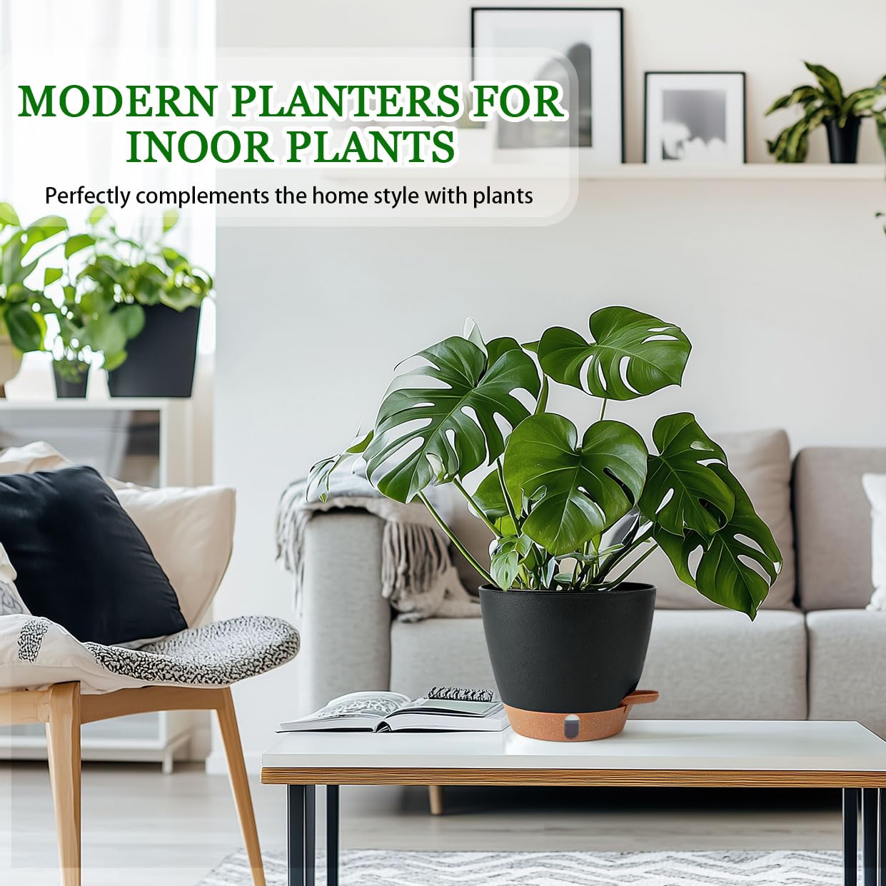 Fielda 2 Pack 8 Inch Pots for Plants Indoor, Plastic Self Watering Planters with Drainage Holes, Water Level Indicator & Deep Reservoir, Decorative Flower Pots Indoor Outdoor Use (Black