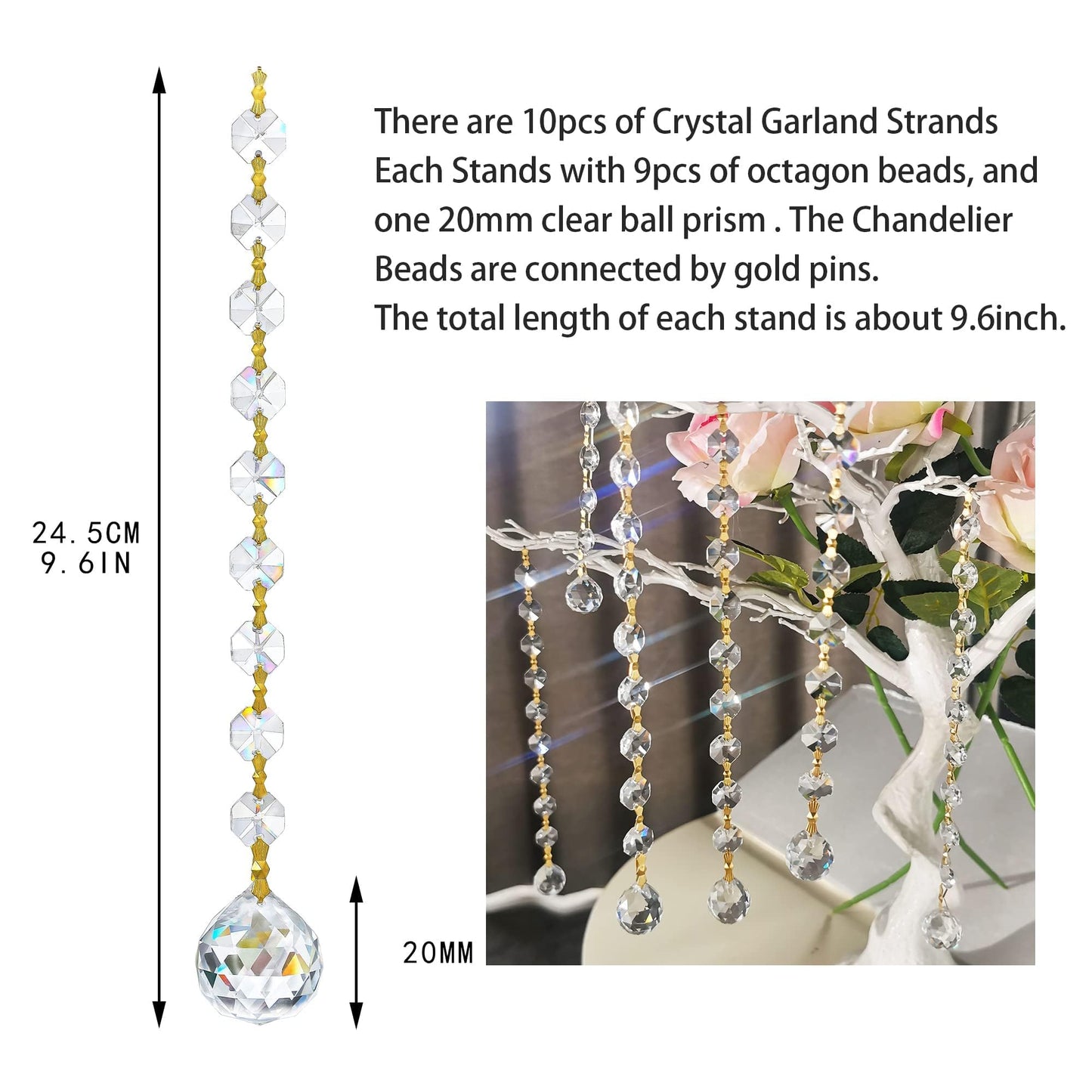10pcs Crystal Garland Strands Hanging Glass Chandelier Beads Chains Glass 20mm Balls Prisms with Beads Pendants Crystal Chandelier Parts Replacements Christmas Party Garden Decoration