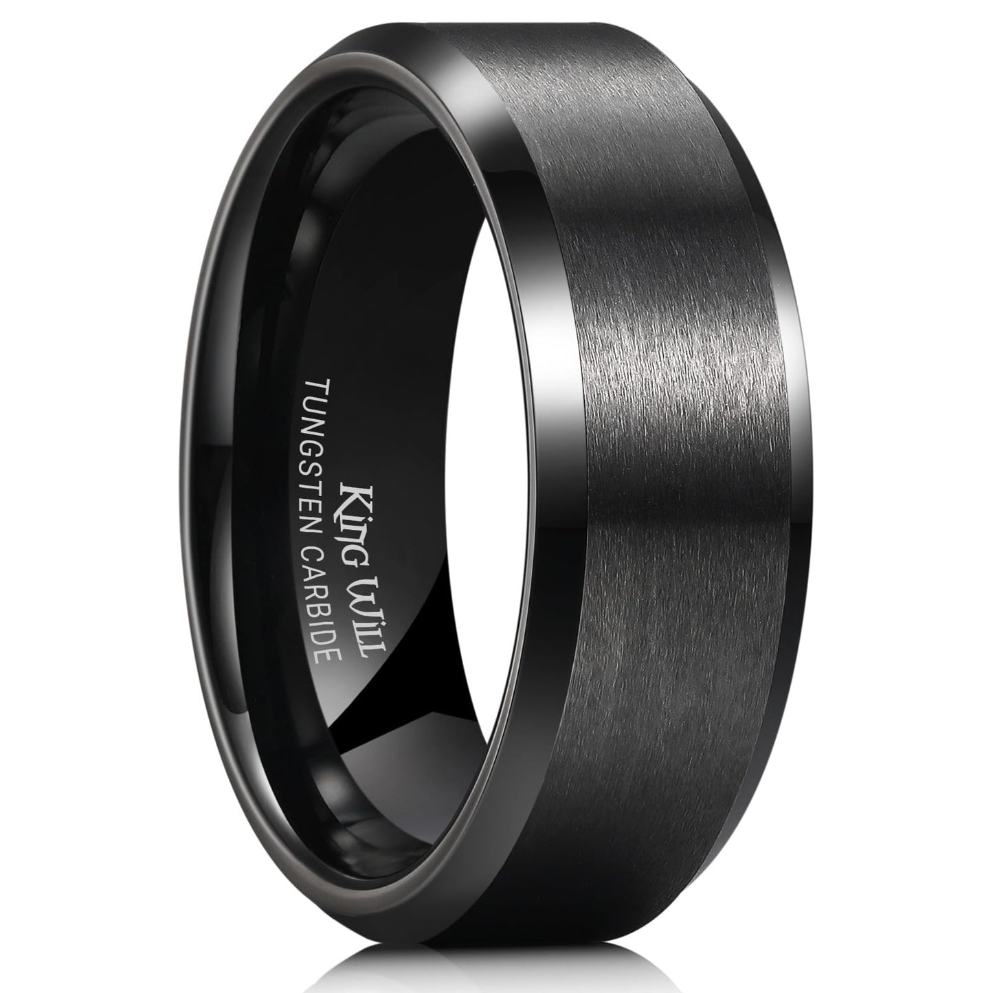 King Will 8mm Men's Black Wedding Ring - Brushed Matte Surface, Beveled Polished Edge, Comfort Fit Size 14