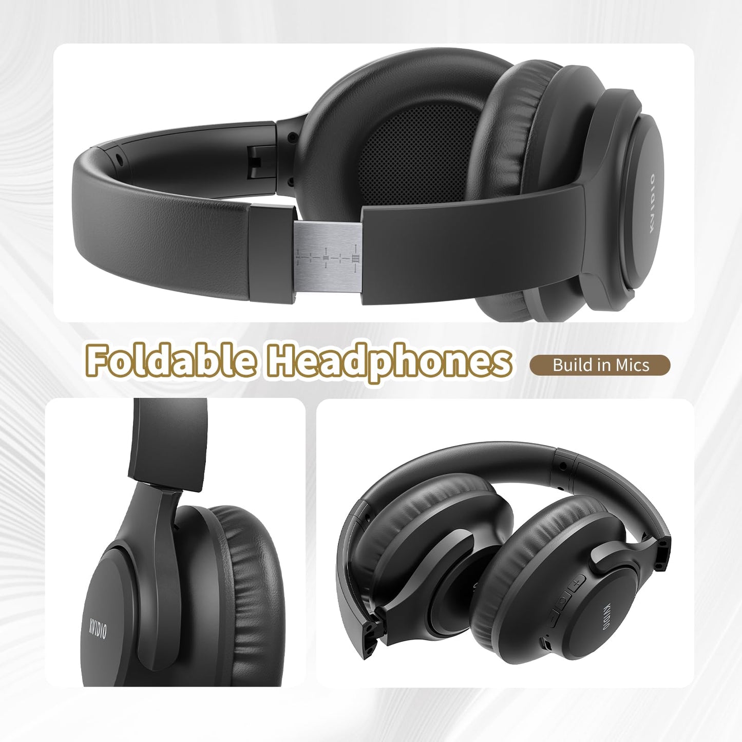KVIDIO Bluetooth Headphones Over Ear, 65 Hours Playtime Wireless Headphones with Microphone, Foldable Lightweight Headset with Deep Bass,HiFi Stereo Sound for Travel Work PC Cellphone (Black)