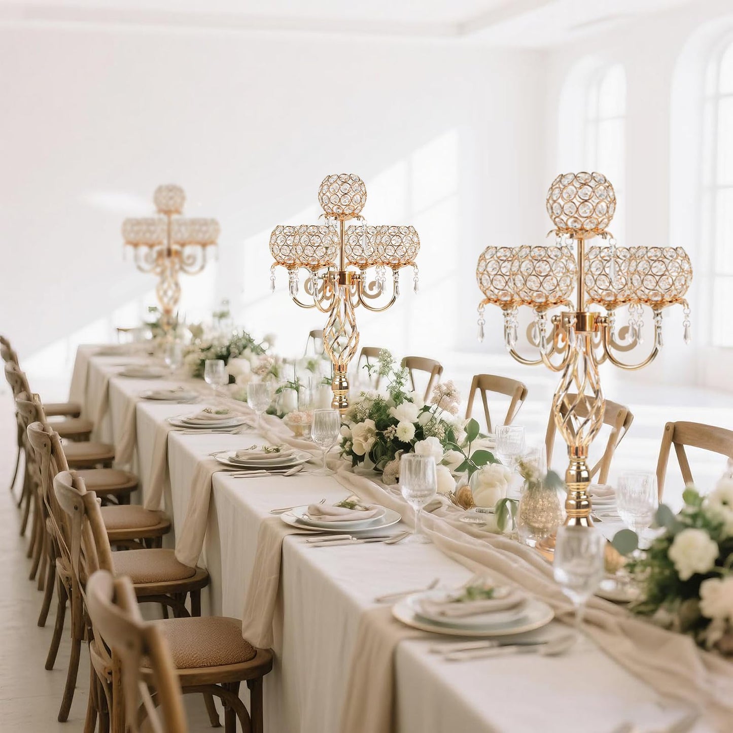 Kehail 5-Arm Crystal Candelabra Centerpiece 23.2" Tall - Elegant Candle Holder Stand with Crystal Bowl, Chic Table Decor for Weddings, Parties, Anniversary & Home Decoration (2, Gold)
