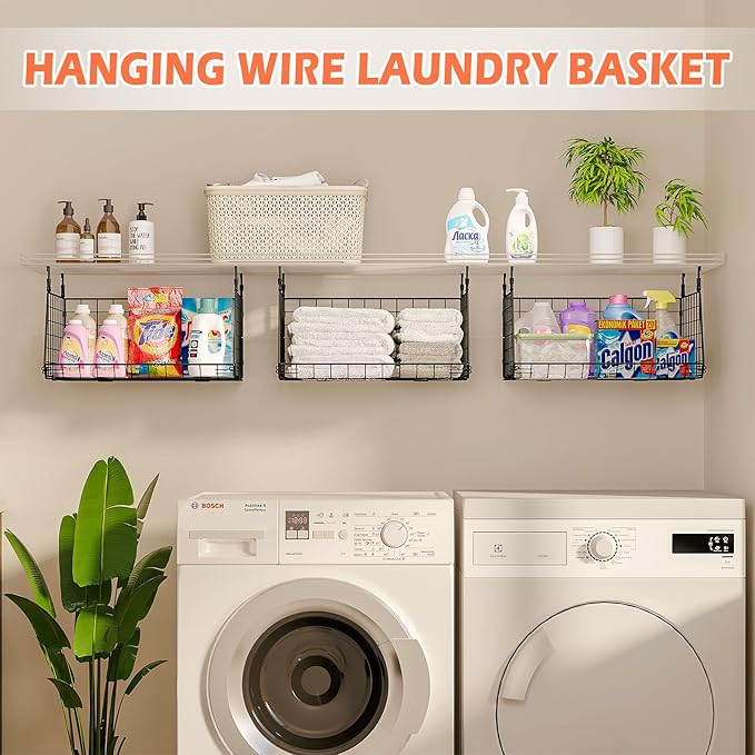 3-Pack Hanging Laundry Room Organizaton：Foldable Laundry Basket Wire Basket