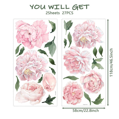 Pink Peony Wall Stickers for Nursery Wall Decor Flowers Wall Decals Peel and Stick Kids Floral Decals for Girls Bedroom Living Room Nursery Wall Decor