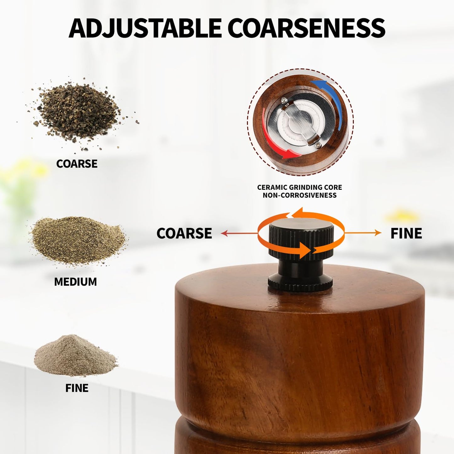 Salt and Pepper Grinder Set,Manual Salt Pepper Mills Grinders for Kitchen,Refillable and Adjustable Wooden Shakers for Pepper Salt Spices