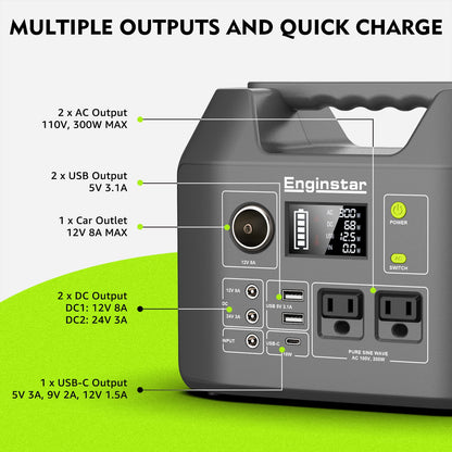 Portable Power Station EnginStar 300W Solar Generator 110V 296Wh Power Bank Two Pure Sine Wave AC Outlet 80000mAh Lithium Battery Pack for Camping Outdoors Trip RV Hunting Vans Emergency Backup