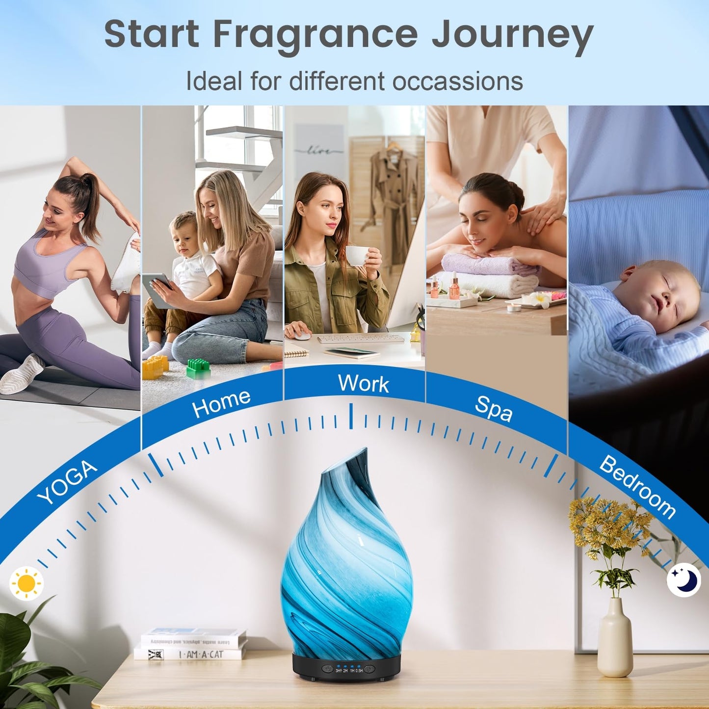 120ML Essential Oil Diffuser, 3D Glass Aromatherapy Diffuser with Auto Shut-Off and 7 Color LED Lights, Ultrasonic Mist Humidifier with 4 Timer for Home Office Bedroom (3D Fireworks)