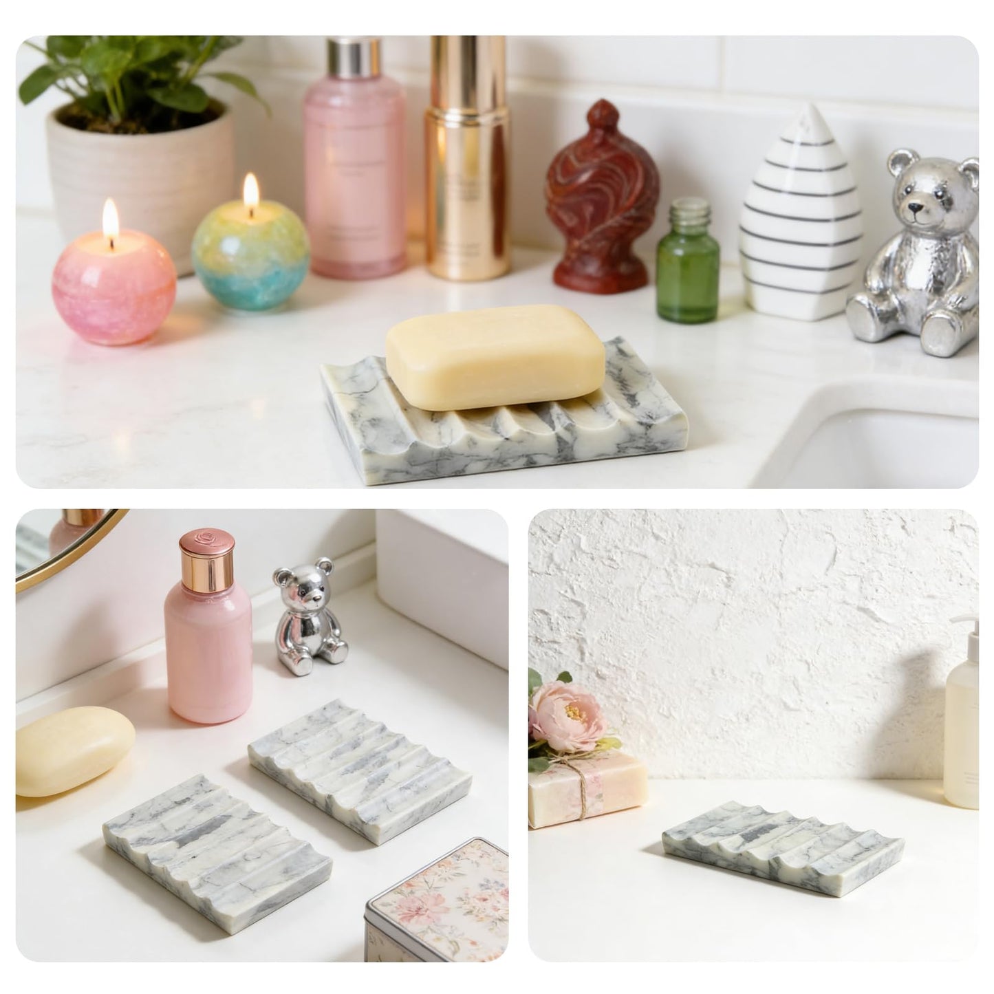 Marble Soap Dish, Draining Soap Dish - Rectangular Lotus Green with Natural Stone Texture, Non-Slip Bathroom Soap Holder for Shower/Bathroom Countertop, Decorative & Durable