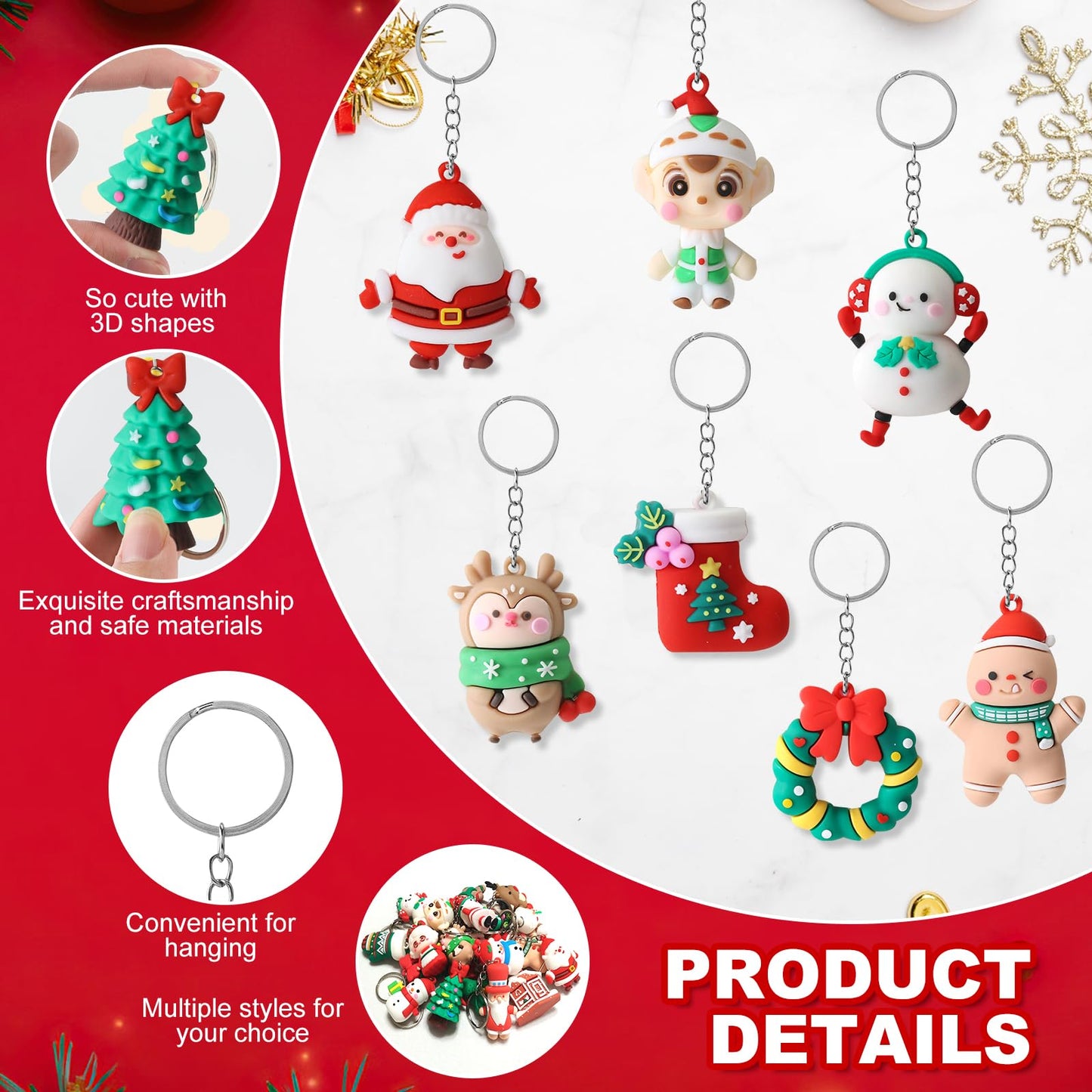 Becfupo 20 Pcs Christmas Rubber Keychains Bulk, 3D Santa Claus Snowman Xmas Tree Reindeer Hanging Ornaments With Keyrings For Christmas Tree Decoration, Xmas Party Craft Supplies