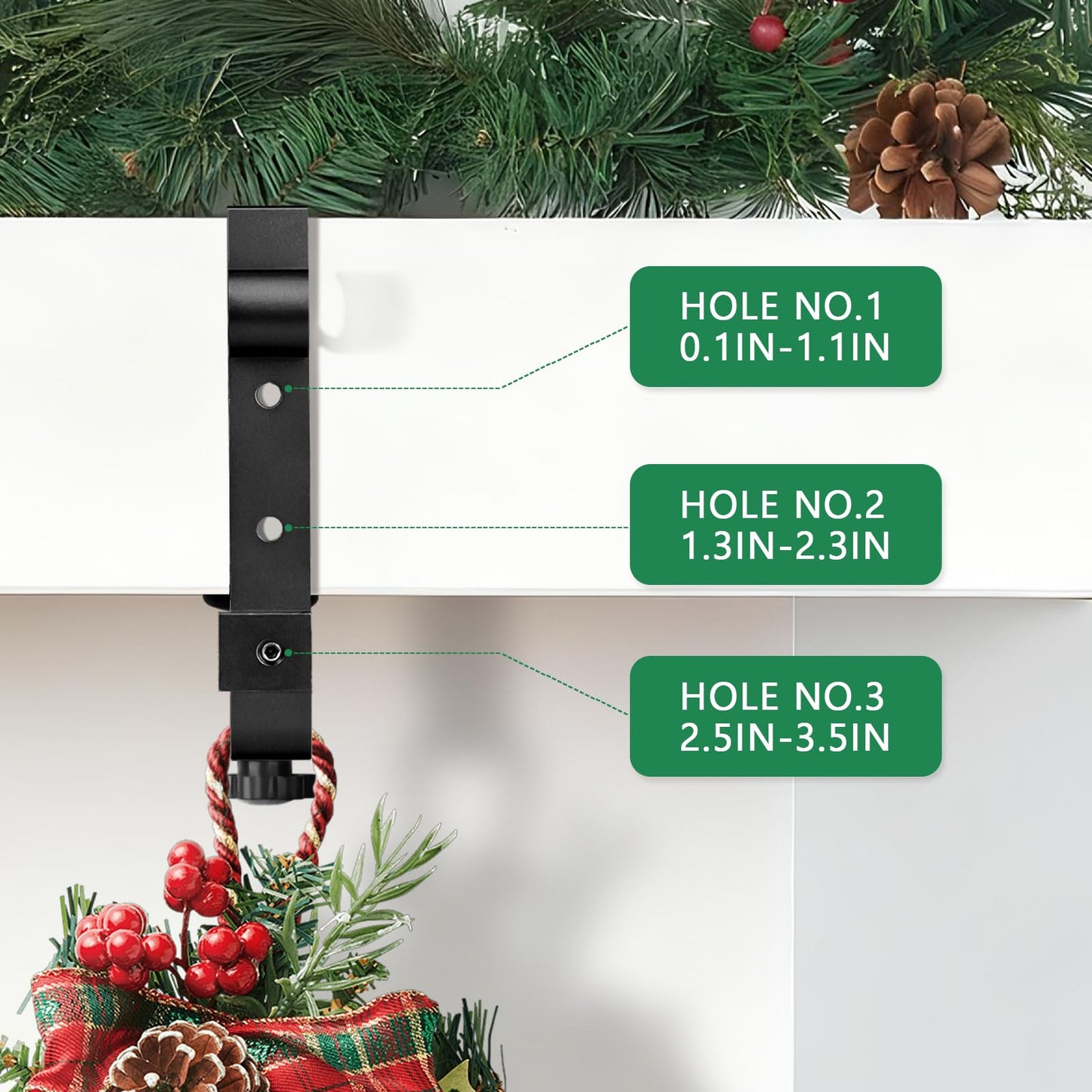 Acrridi Stocking Hangers for Mantel,4 Pcs 2 in 1 Adjustable Fireplace Christmas Stocking Holder,No-Drill, Easy to Install Garland Hanger for Christmas Decorations,Fits 0.1”-3.5”Mantles(Black, 4)