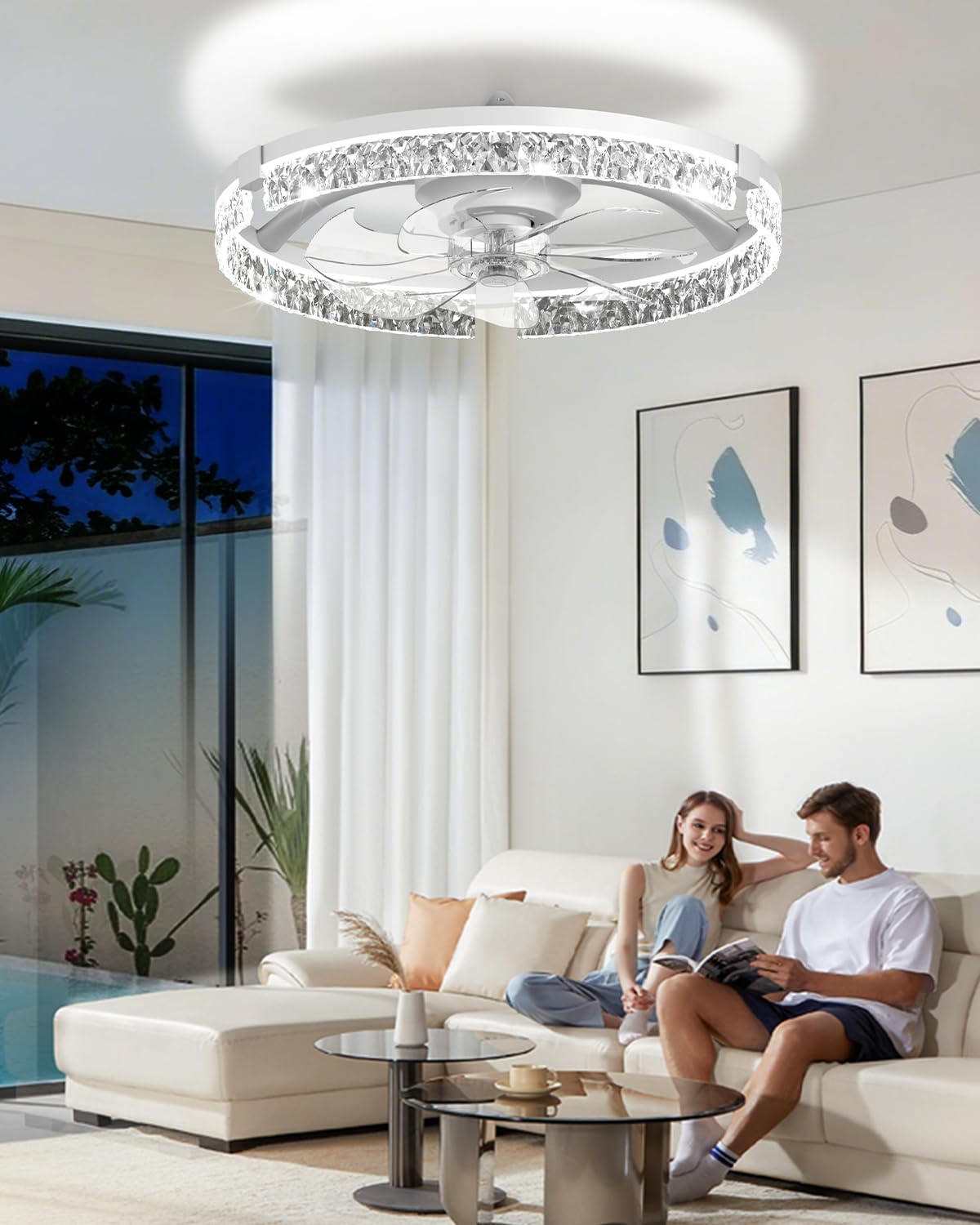 AIKVSXER 20" Low Profile Ceiling Fan with Light and Remote, Dimmable LED Flush Mount Ceiling Fan, 6 Speeds, White Modern Design for Bedroom/Living Room （White-Crystal）