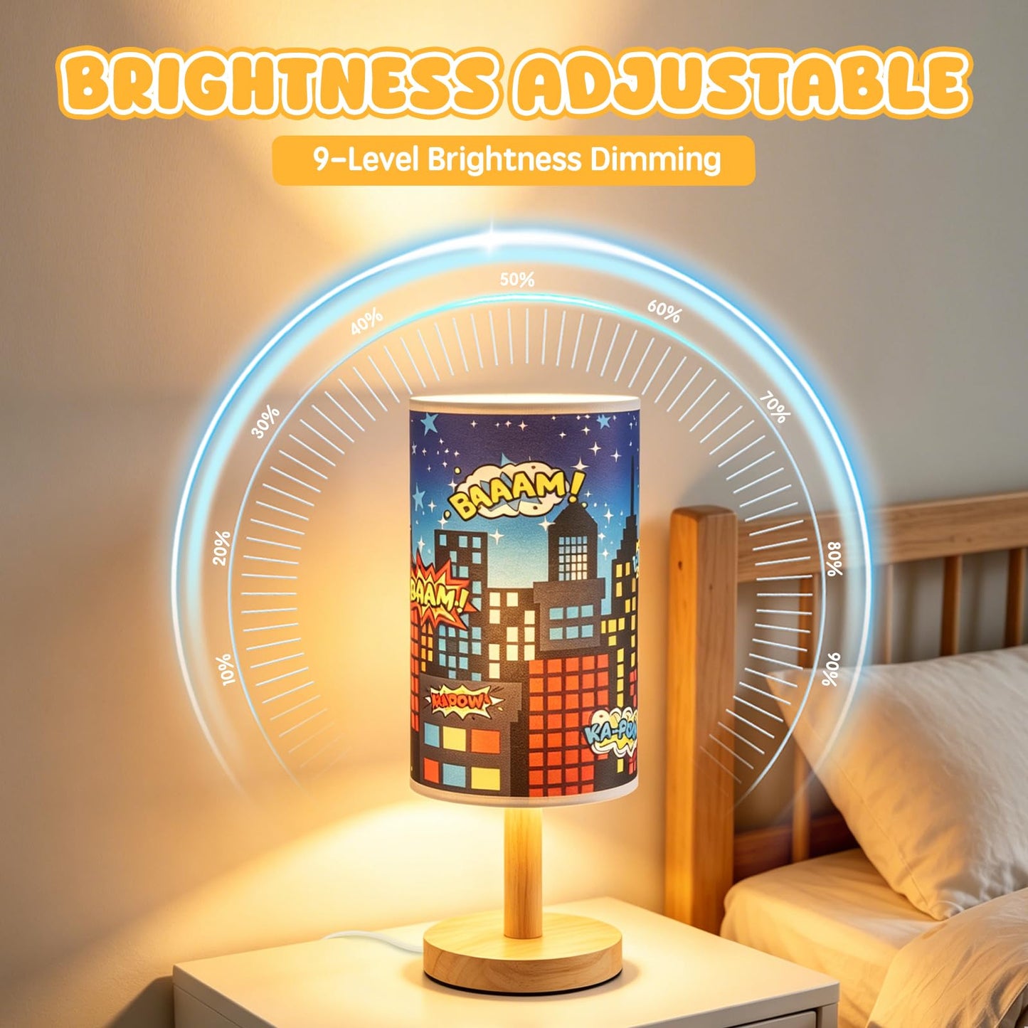LuckyDAFei City Table Lamp for Kids Bedroom, 3-Way Dimmable Bedside Lamp with Wooden Base and Fabric Shade, Comic Book Night Light for Boys Room Decor, Cartoon Skyline Lamp for Nursery Playroom