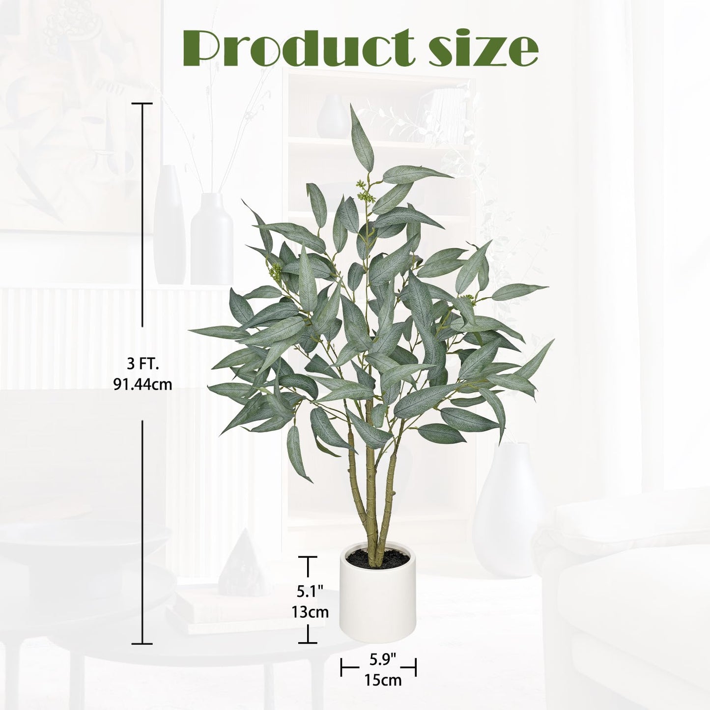 Artificial Eucalyptus Tree in White Pot – 3FT Faux Indoor Plant for Home Décor, Modern Greenery for Living Room, Bedroom, Office – Realistic Silk Leaves, Minimalist Planter