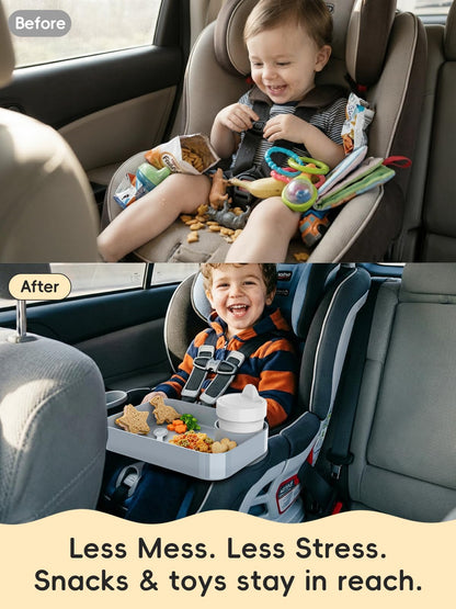 BBSDA Car Seat Cup Holder Snack Tray for Kids, Reduces Mess, Detachable Large Base & Adjustable Ring, Carseat Tray for Toddler, Car Seat Food Tray Table for Kid Travel Road Trip Essentials -Light Gray