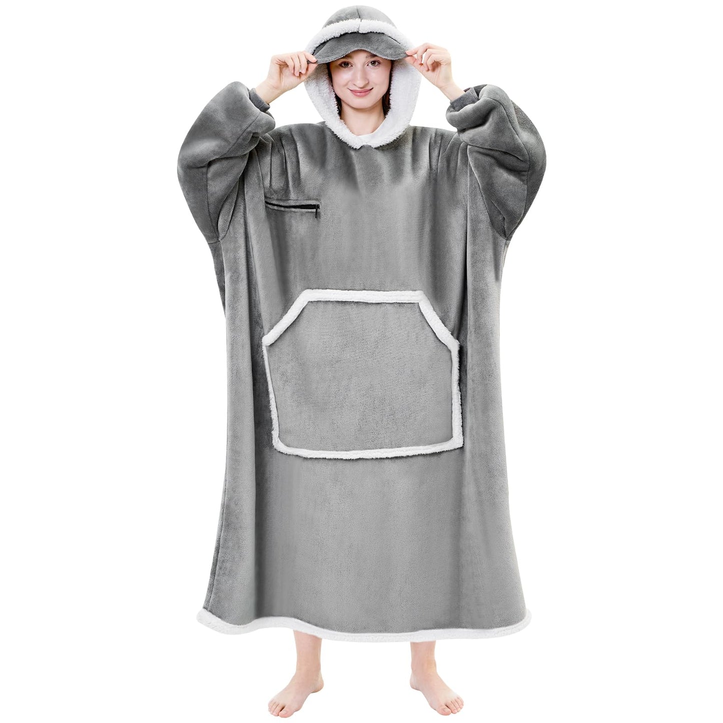 IFNOW Wearable Blanket Hoodie,Oversized Sherpa Hooded Blanket Sweatshirt with Eye Mask and Pocket,Cozy Flannel Blanket with Sleeves for Adult, Christmas Birthday Gifts for Women Mom Girlfriend,Grey