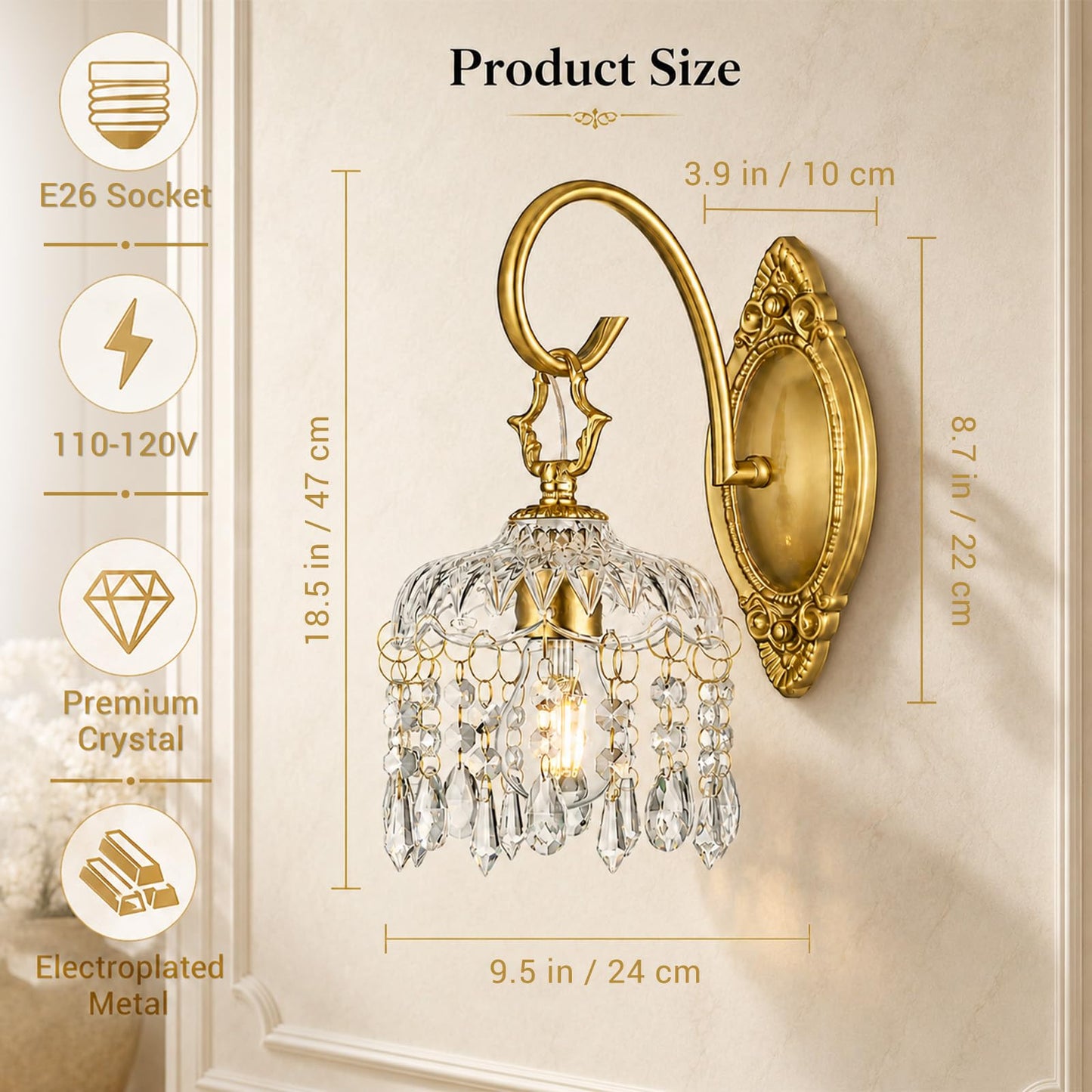 Hamilyeah Crystal Wall Sconces Set of 2, Gold Hardwired Wall Sconce with Faceted Glass Shade and Crystal Drops, Vintage Victorian Brass Wall Light Fixture for Bedroom, Living Room, Hallway, Entryway
