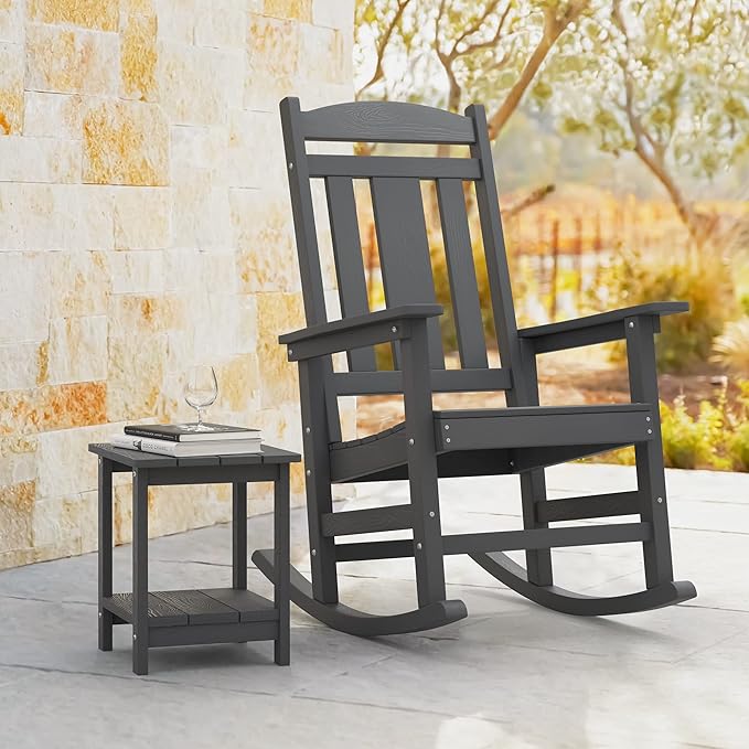 LUE BONA Outdoor Rocking Chairs Set of 2, Weather Resistant HDPS Poly Rocker Chairs, 350lb Heavy Duty, Oversized Porch Rocker for Adult, High Back Smooth Rocking Chairs for Outdoor & Indoor, Gray