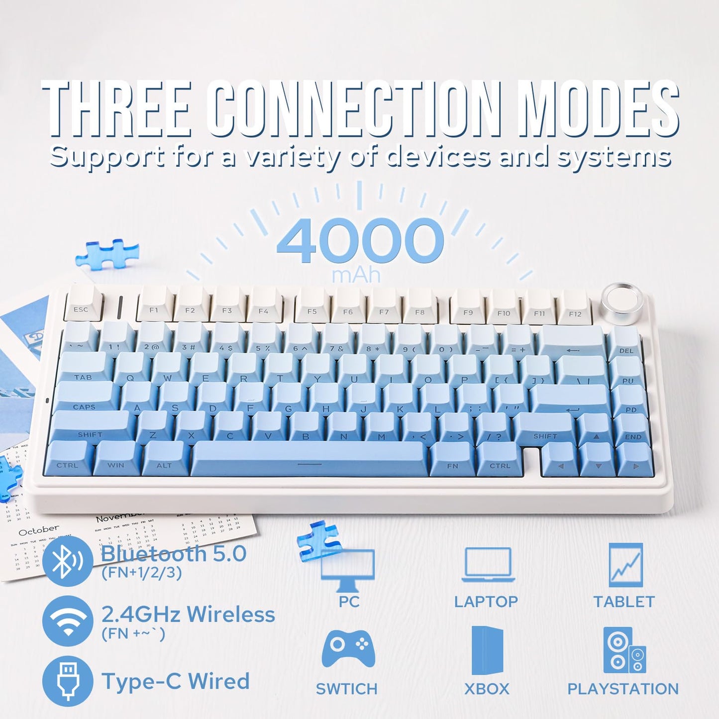 EPOMAKER x Aula F75 Gasket Mechanical Keyboard, 75% Wireless Hot Swappable Gaming Keyboard with Five-Layer Padding&Knob, Bluetooth/2.4GHz/USB-C, RGB (Light Blue, LEOBOG Reaper Switch)