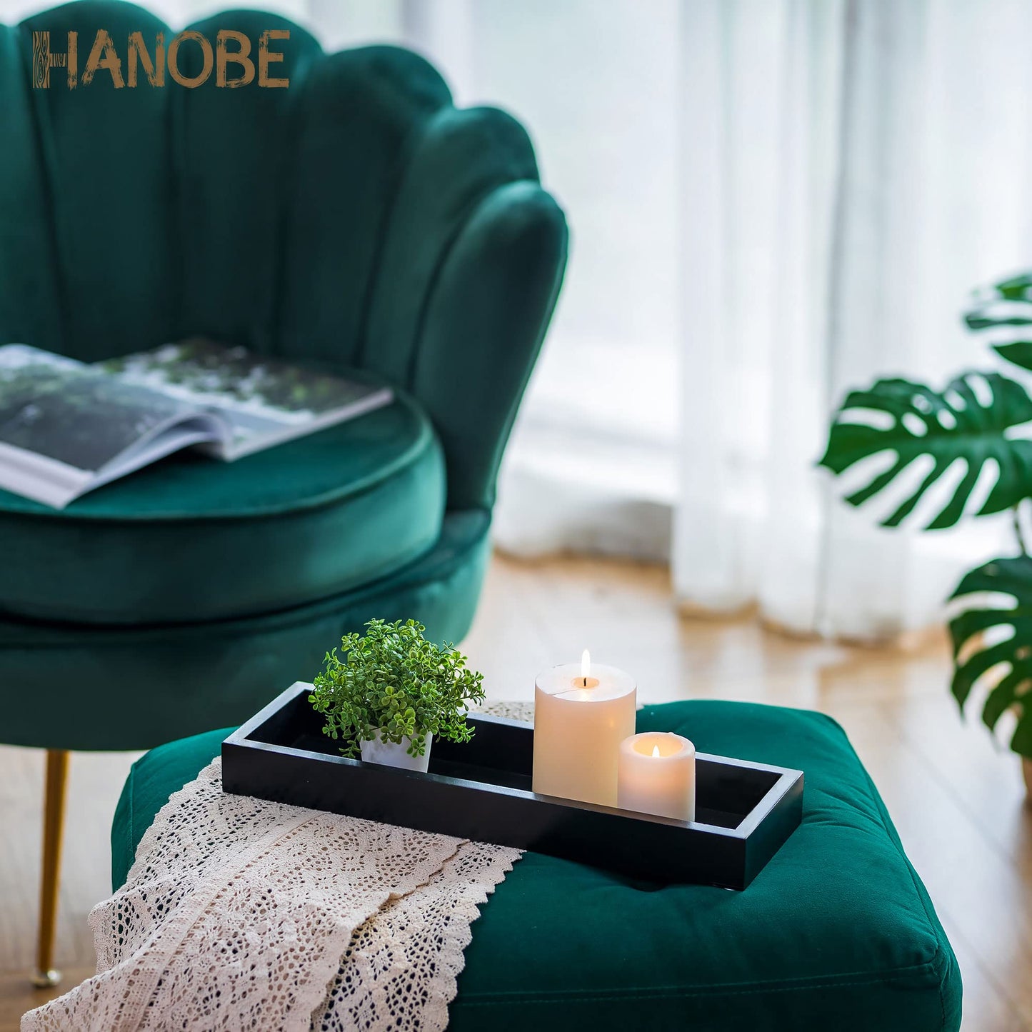 Hanobe Rectangular Long Narrow Tray: Black Decorative Rectangular Candle Holder Centerpiece Tray Decor Serving Tray No Handle for Dining Table Coffee Bar Living Room Home Decor