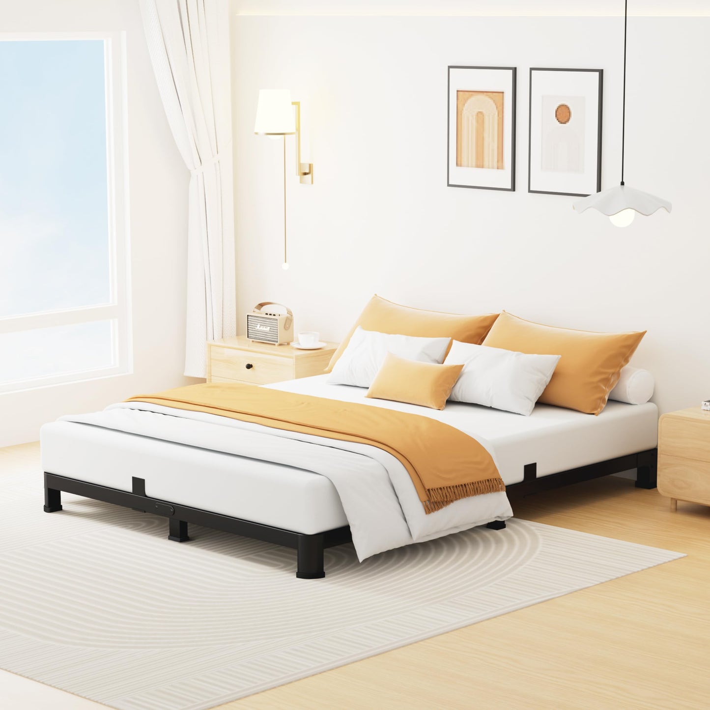Superay 4 Inch Queen Bed Frame Low Profile, Heavy Duty Metal Platform Bed Frame with Round Corner Legs, Sturdy Mattress Foundation, No Box Spring Needed, Easy Assembly, Noise Free, Black