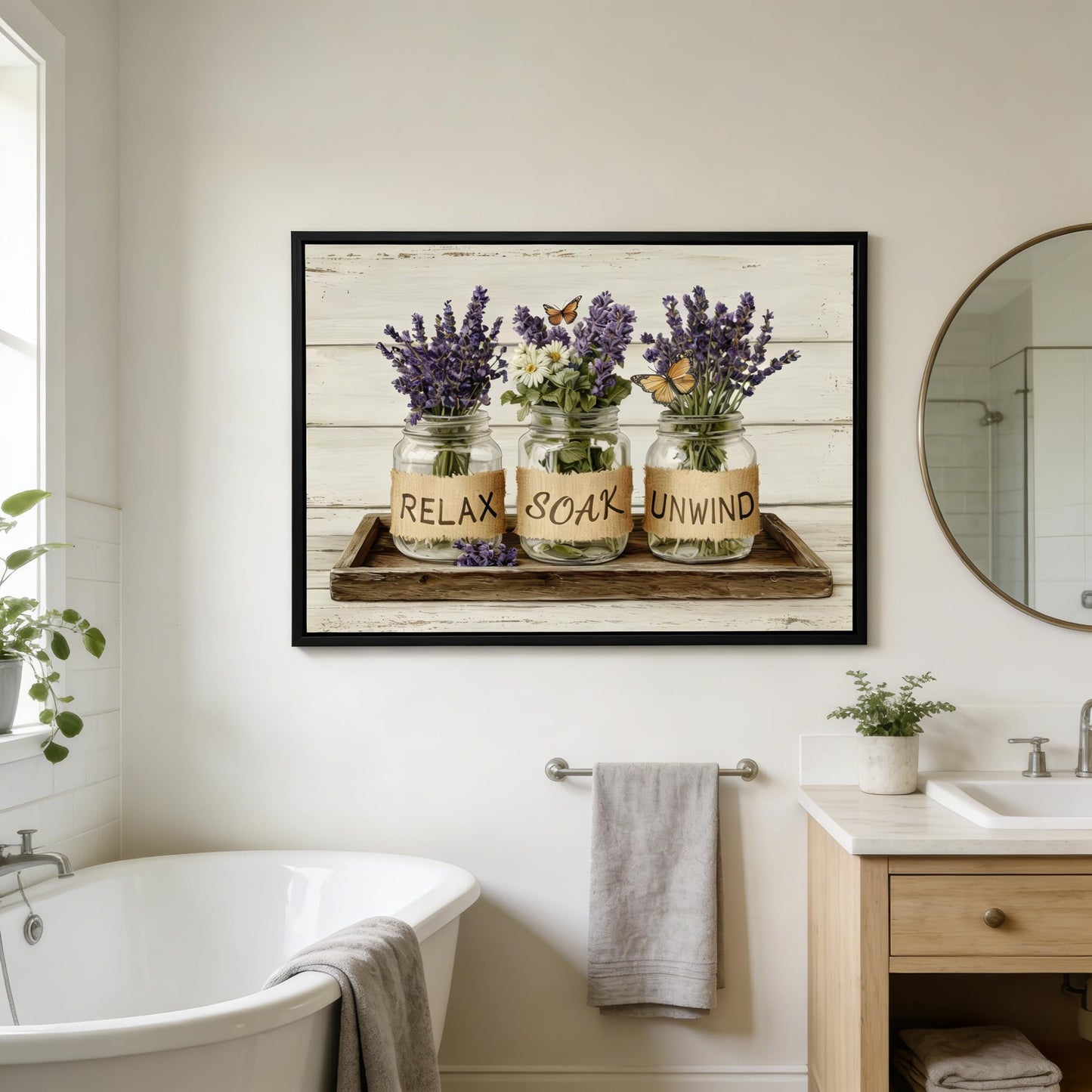 Black Framed Farmhouse Bathroom Wall Art Rustic Lavender Flower Wall Decor Relax Soak Unwind Bathroom Posters Prints for Spa Bathroom 8x10 Inch