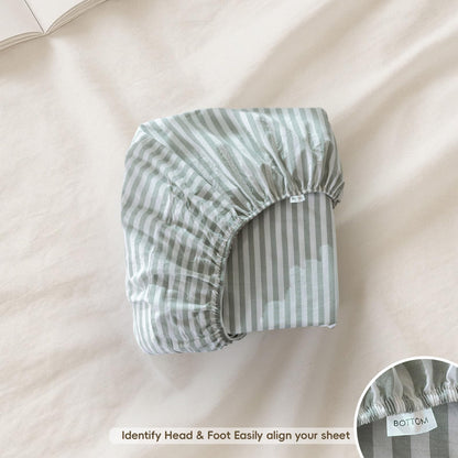 MooMee Striped Fitted Bottom Sheet Only 100% Washed Cotton Linen Like Textured Breathable Durable Soft Comfy Deep Pocket Fits Mattress up to 17" (Sage Green White Classic Stripes, Queen)
