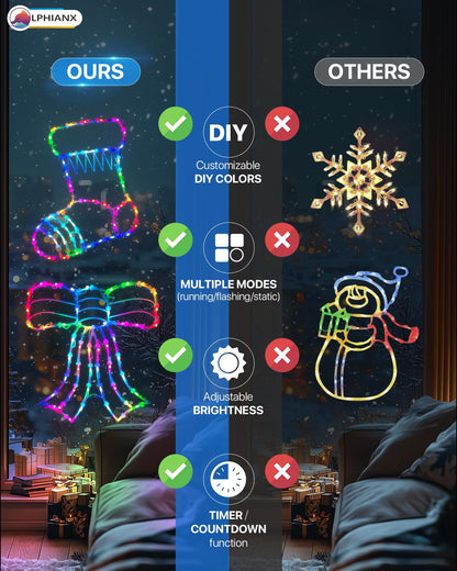 4 Pack Smart Christmas Window Lights, Christmas Window Silhouette Lights, Christmas decorations indoor,Custom & Preset Modes,APP Control Candy Cane,Christmas Tree,Bow,Christmas Stocking for Door Glass