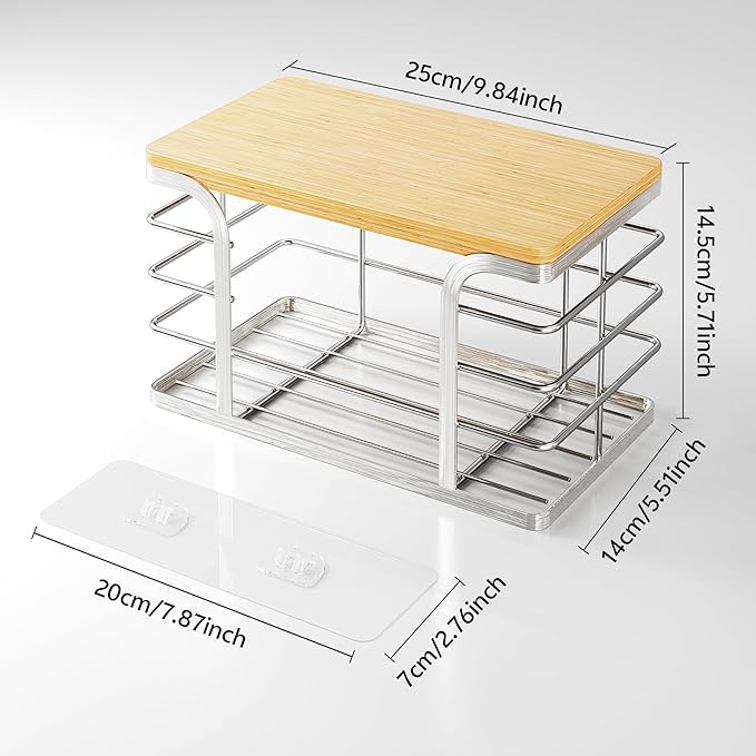 Trash Bag Holder with Bamboo Top, Wall Mount 304 Stainless Steel Garbage Bag
