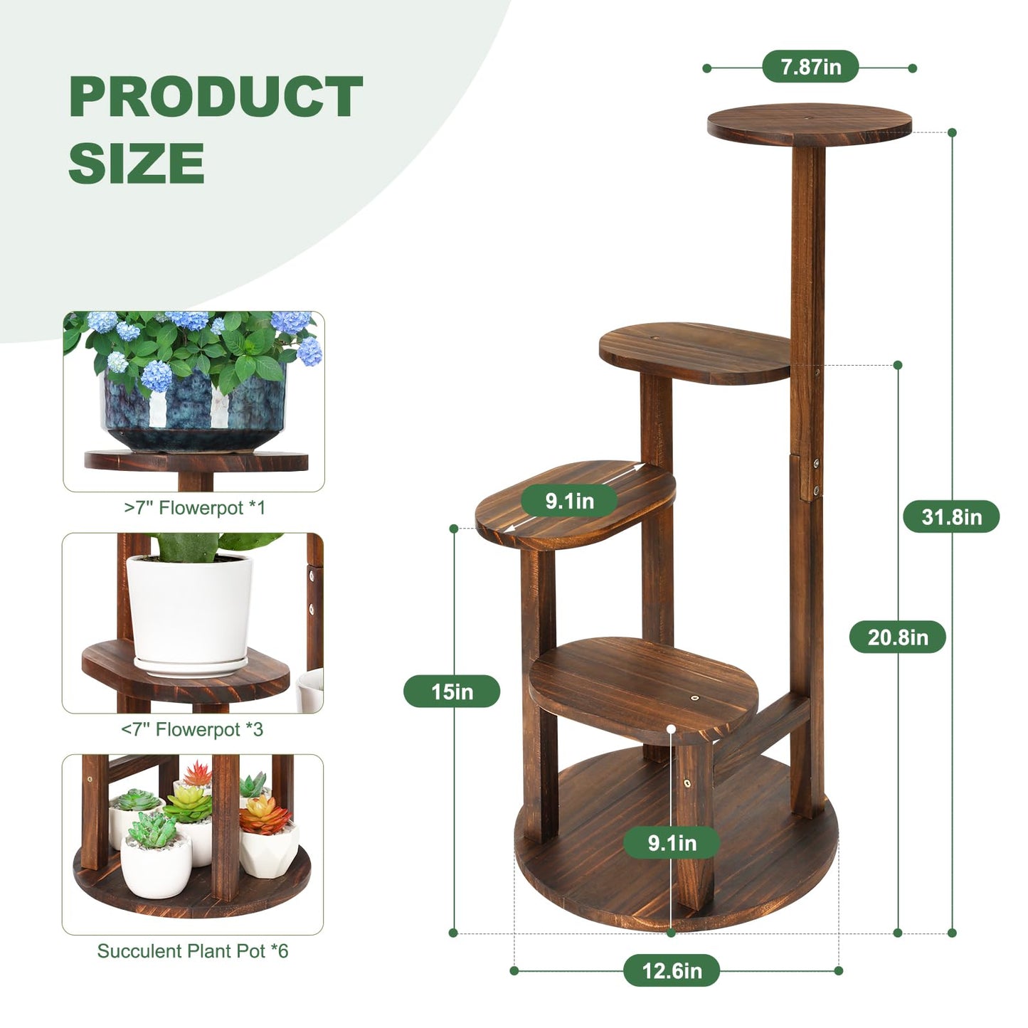 Jotboom 4 Tier Tall Plant Stand Indoor, Wood Corner Plant Shelf for Multiple Plants, Sturdy Oval Tiered Flower Pot Holder Display Rack for Living Room Balcony Patio, Carbonized Pine Wood