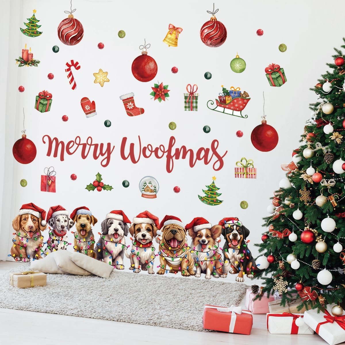 Denylo pro Christmas Dog Wall Decal Merry Christmas Wall Sticker Removable Christmas Wall Decals Decor for Winter Christmas Holiday Party Supplies Home Window Decor