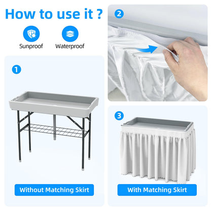 SHAREWIN Folding Ice Cooler Table, Skirt &Drain Hose Plastic Chill Table to Keep Drinks Cool, Portable Foldable Self-Serving Beverage Cooling Bar for Parties, Picnics, Barbecues, Fishing(White