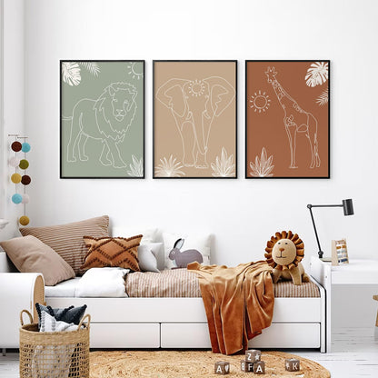 Safari Nursery Wall Art Pictures Baby Animal Canvas Wall Decor Boho Jungle Wall Art Kids Minimalist Poster Elephant Giraffe Lion Prints Nursery Safari Artwork for Bedroom 12x16 Inch Unframed Set of 3