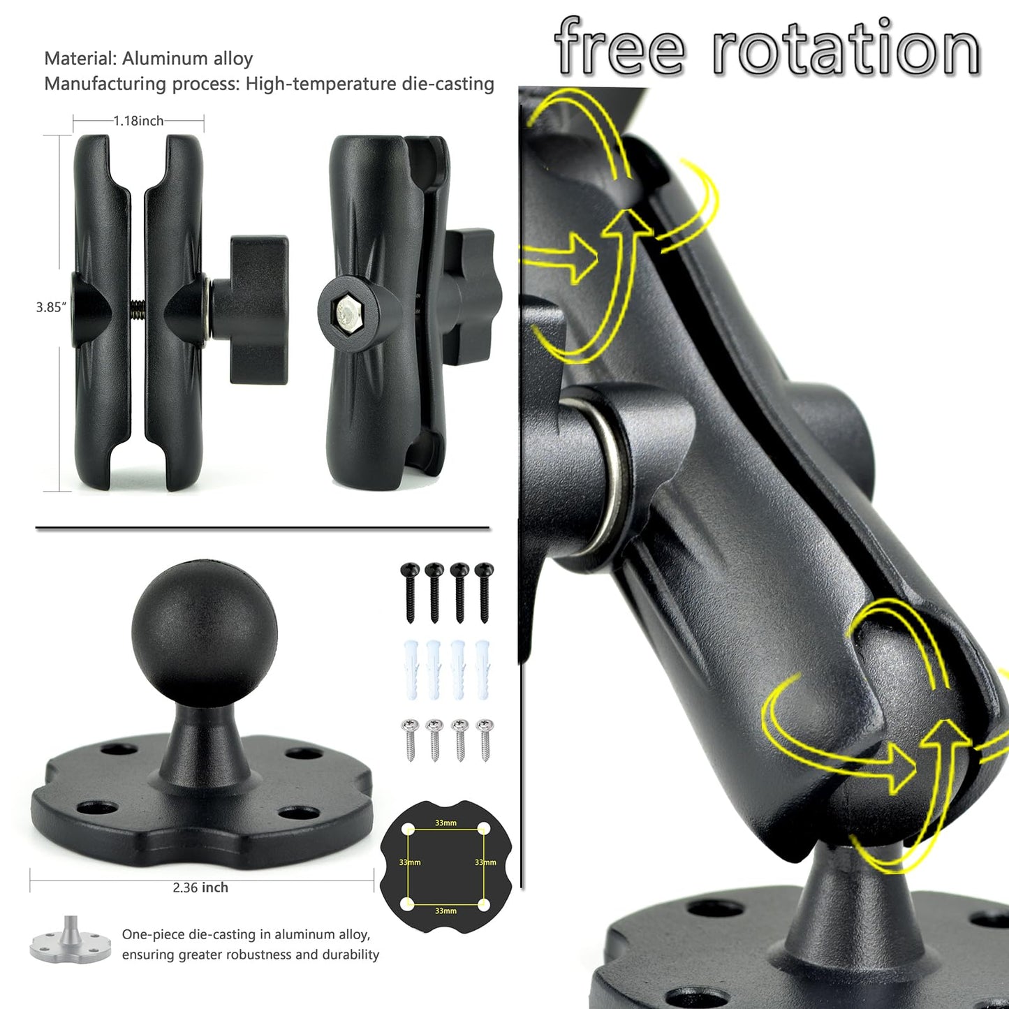 VAUBORTTI Aluminum Arm Heavy Duty Tablet Mount Drill Base - for 6.5"-12.9" Tablet iPad Pro/Mini, iPad Holder for Truck, Car,Dashboard,Desk,Wall-Swivel with 1 inch/25mm Ball Joint