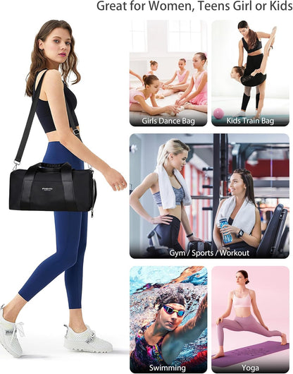 Sports Small Gym Bag for Women & Girls and Kids, Cute Mini Duffle Bag with Wet Pocket & Shoes Compartment, Personal Item Travel Workout Bag, 16"-Small, Black
