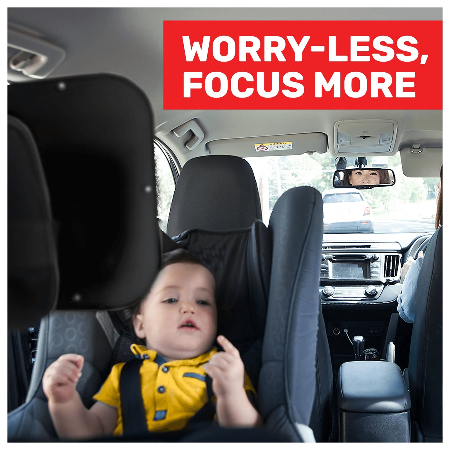 Royal Rascals Baby Car Mirror for Back Seat - Shatterproof Car Rear View Mirror w/360° Rotation, Adjustable Straps & Strong Mount, Essentials for Newborn Safety + Baby on Board Sign, Black