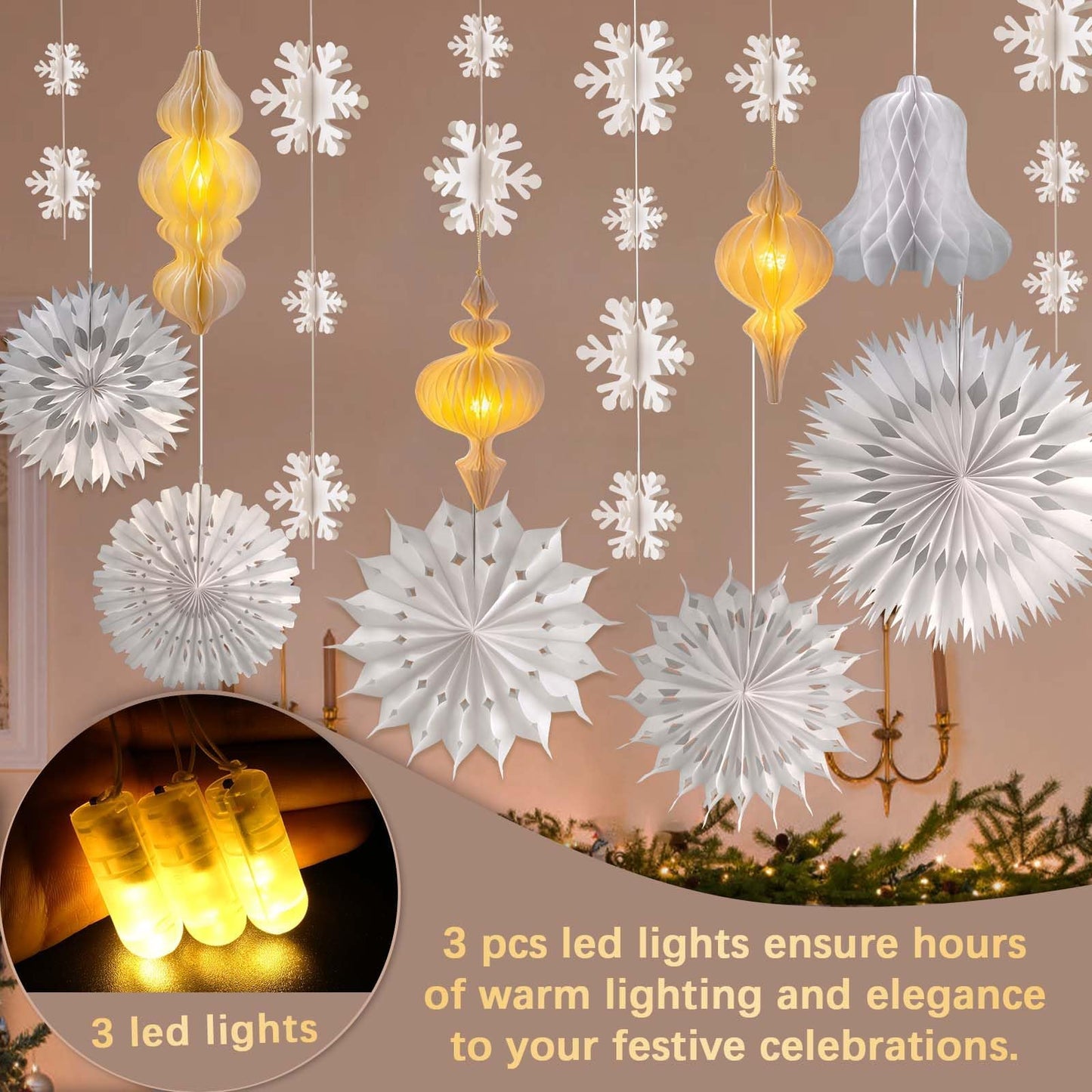 White Christmas Hanging Decorations Set, 3D Paper Honeycomb Ornaments Decorative Honeycomb Bell Lanterns with Lights, Paper Snowflake Fans Garlands for Xmas Tree Winter Wonderland Holiday Party Decor