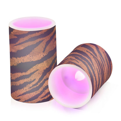 panksolu Flickering Flameless Candles, Tiger Skin Print LED Candles with Remote Timer, Battery Operated Candle forWedding Halloween Christmas Decor - Set of 2